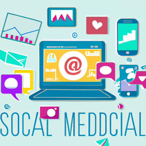 A collage of social media icons, a smartphone, a laptop, a content marketing chart, an email symbol, and a graph representing analytics.