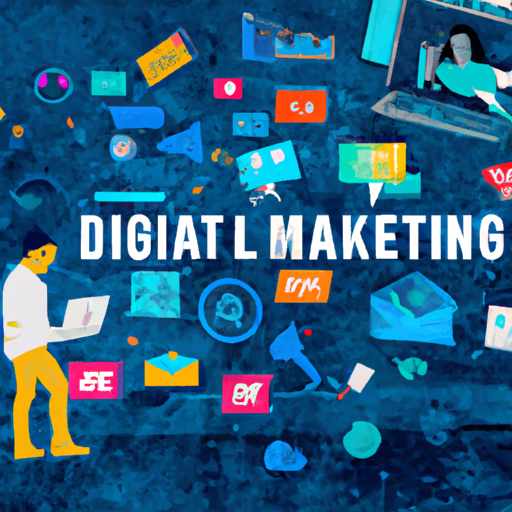 A collage of various digital marketing channels and tools, including social media logos, a search bar, analytics graphs, a smartphone with AI features, and a person creating content on a laptop.