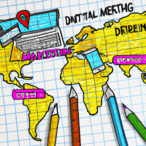 A colorful, global map with interconnected digital devices representing the reach and potential of online marketing.