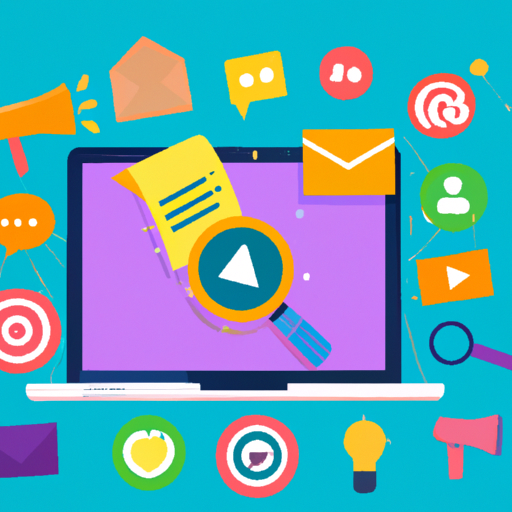 A colorful illustration depicting a laptop surrounded by various digital marketing elements such as social media icons, search engine rankings, email newsletters, and influencers.