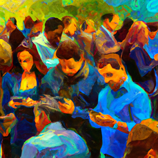 A diverse group of people engaging with digital devices, representing the global reach of online marketing.