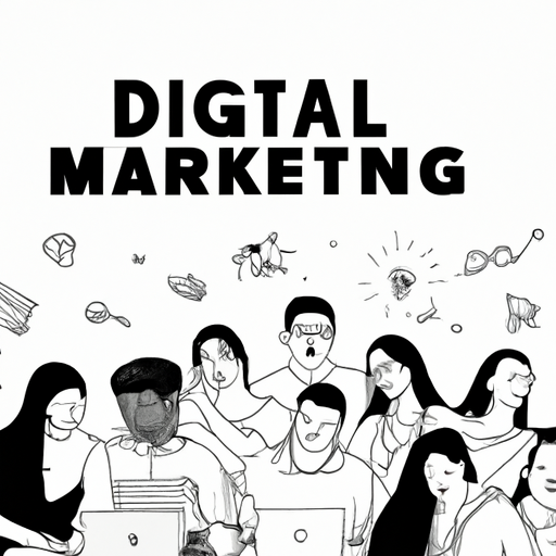 A diverse group of people using various digital marketing tools.