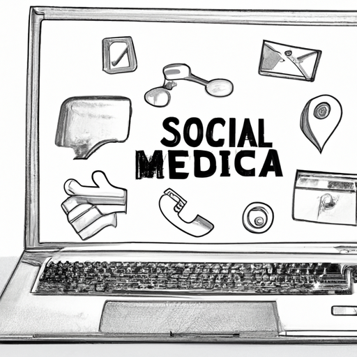 A laptop displaying various social media icons.