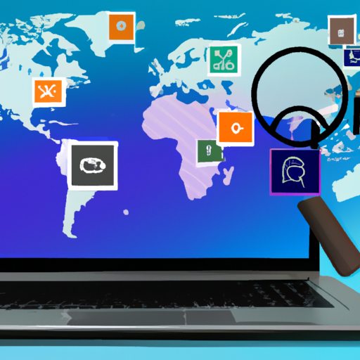 A laptop with a world map background, surrounded by social media icons and keywords, with a magnifying glass highlighting the website, representing the various strategies and techniques of online marketing.