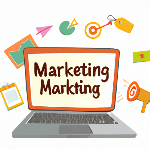 A laptop with various marketing icons.