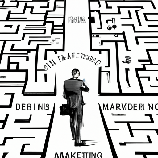 A person navigating a maze of digital screens with various online marketing strategies.