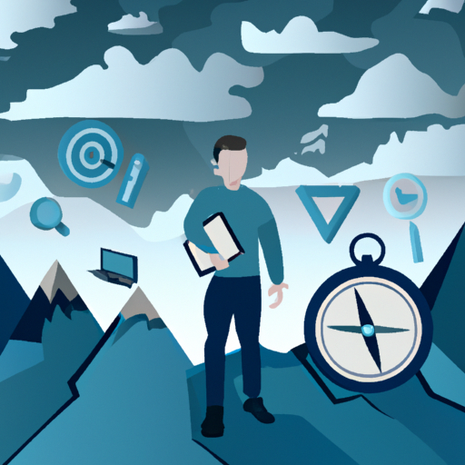 A person standing on a mountain peak, holding a compass, surrounded by a digital landscape of various online marketing platforms and strategies.