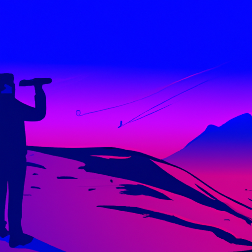 A person standing on a mountaintop using a telescope to look into a digital landscape.