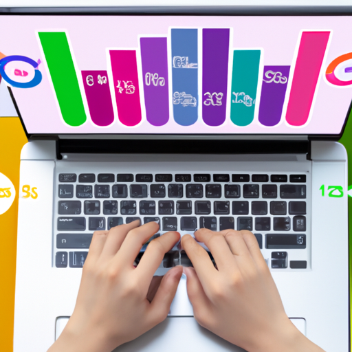 A person using a laptop surrounded by colorful graphs and charts, representing the power and effectiveness of online marketing.
