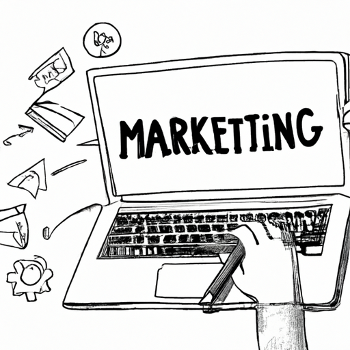 A person using a laptop with various marketing icons and tools displayed on the screen.