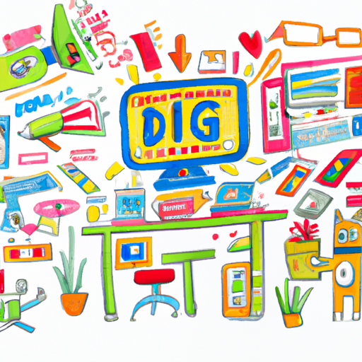 A vibrant collage of digital marketing tools.