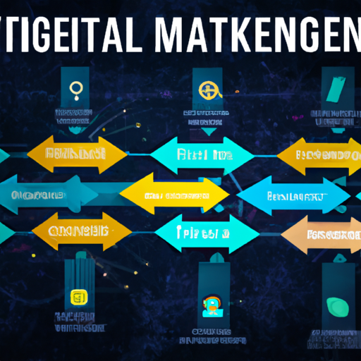 An image of a digital marketing strategy roadmap with arrows pointing to target audience, digital channels, content creation, data analytics, audience engagement, and industry trends.