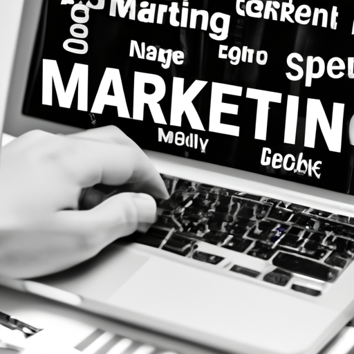 An image of a person using a laptop with multiple marketing icons and keywords displayed on the screen.